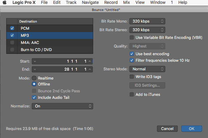 Create stereo audio file in Logic Pro X