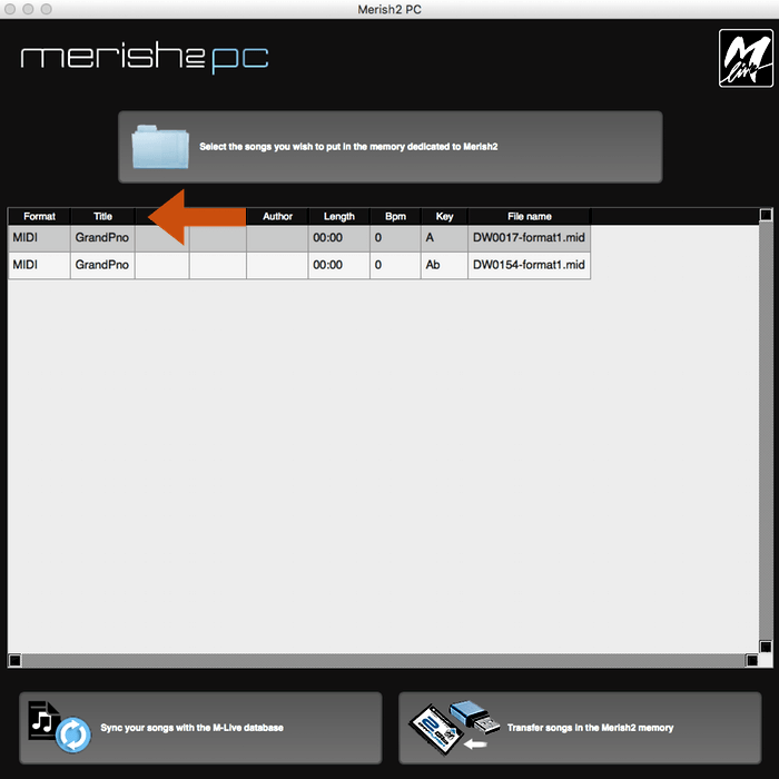 View list of MIDI Files to edit in Merish2PC 