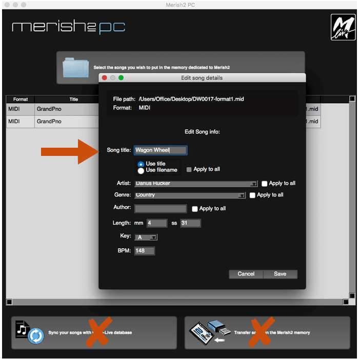 Results of edited MIDI File meta data in Merish2PC 